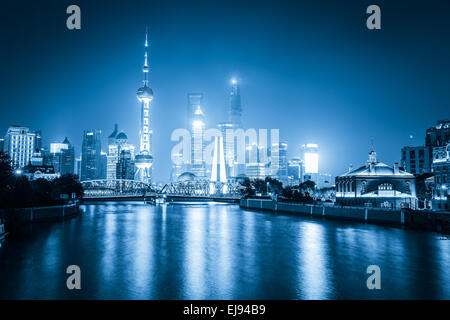 night view of shanghai with blue tone Stock Photo