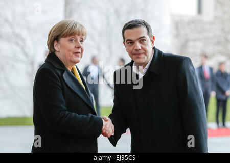 Berlin, Germany. 23rd Mar, 2015. Angela Merkel, German chancellor, welcomes the Greece Prime Minister Alexis Tsipras with Military Honours at the German chancellery on March 16, 2015 in Berlin, Germany. / Picture: German Chancellor Angela Merkel and Alexis Tsipras, Primer Minister of Greece Credit:  Reynaldo Chaib Paganelli/Alamy Live News Stock Photo