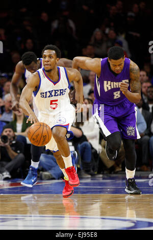 March 13, 2015: Philadelphia 76ers guard Ish Smith (5) in action during the NBA game between the Sacramento Kings and the Philadelphia 76ers at the Wells Fargo Center in Philadelphia, Pennsylvania. The Philadelphia 76ers won 114-107. Stock Photo