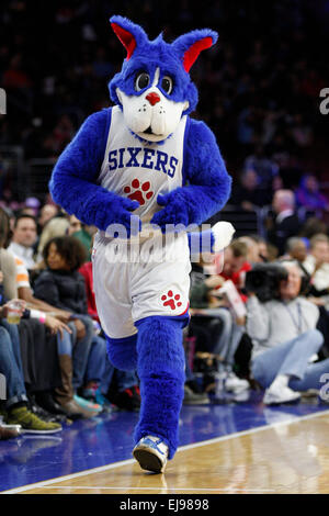 March 13, 2015: Philadelphia 76ers mascot Franklin in action during the NBA game between the Sacramento Kings and the Philadelphia 76ers at the Wells Fargo Center in Philadelphia, Pennsylvania. The Philadelphia 76ers won 114-107. Stock Photo