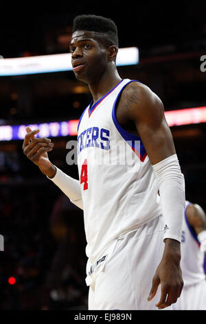 March 13, 2015: Philadelphia 76ers center Nerlens Noel (4) looks on during the NBA game between the Sacramento Kings and the Philadelphia 76ers at the Wells Fargo Center in Philadelphia, Pennsylvania. The Philadelphia 76ers won 114-107. Stock Photo