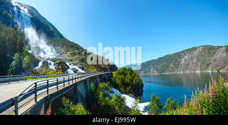 Summer Langfossen waterfall  (Norway). Stock Photo