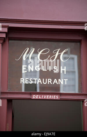 M&H English Restaurant Sign, Brushfields Street, Spitalfields, London, England, UK Stock Photo