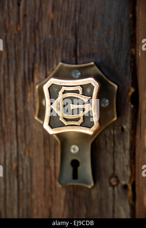 Door handle with 'GC' engraved on it, Historic Grand Canyon Railway Depot, Grand Canyon National Park, Arizona USA