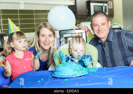 A Happy one Year Birthday with a smash the cake Stock Photo