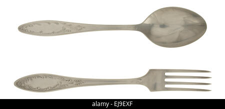 Cupronickel tablespoon and fork isolated on white background. Stock Photo