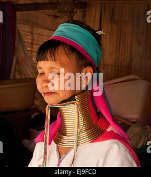 Older woman from the Kayan hill tribe, Myanmar, Burma. wearing the traditional brass neck rings. Stock Photo