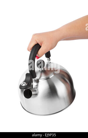 Stovetop whistling kettle in hand Stock Photo