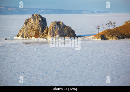 Rock Shamanka on Olkhon island in lake Baikal in winter Stock Photo