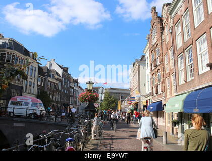 People walking and shopping in the busy  inner city of Utrecht, The Netherlands Stock Photo