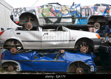 car wrecks in a junkyard Stock Photo