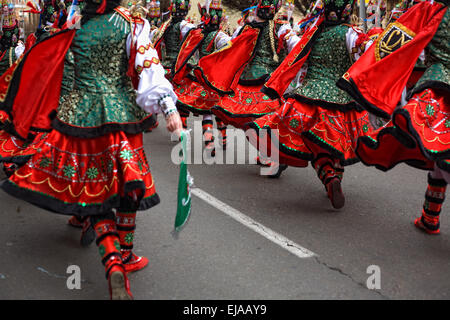 Performers dressed up with russian folk costumes take part in the Carnival parade of comparsas at Badajoz City, Spain Stock Photo