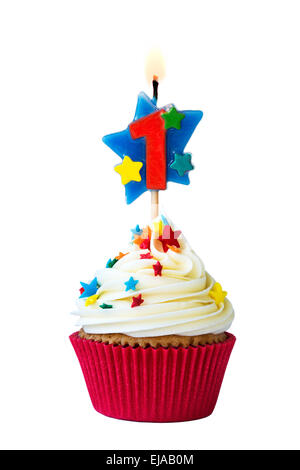 Cupcake with number one candle Stock Photo