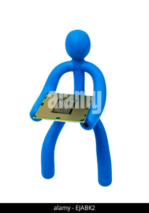 Blue rubber man keeps the processor isolated Stock Photo
