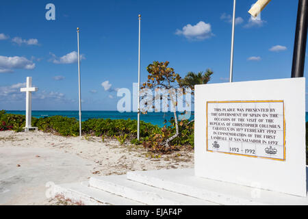 Columbus Monument San Salvador Island Bahamas sea beach sun beautiful warm south exotic tropics Winter escape Stock Photo