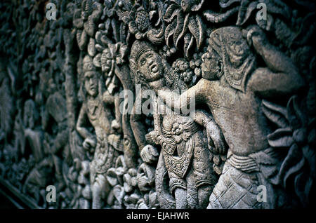 In the Monkey Forest in Ubud in Bali in Indonesia in Southeast Asia. Sculpture Carving Art Temple Religious History History Historical Travel Stock Photo