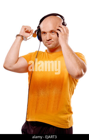 DJ with headphones and handcuffs Stock Photo