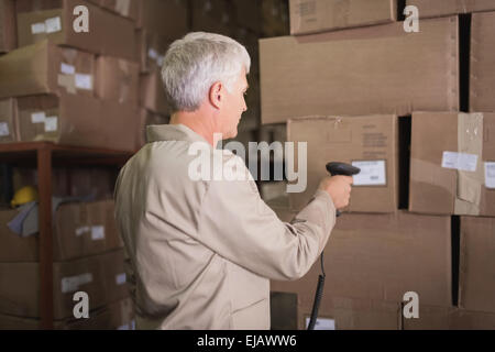 Worker scanning package in warehouse Stock Photo