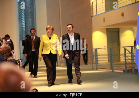 Berlin, Germany. 23rd Mar, 2015. German Chancellor Angela Merkel and Prime Minister Alexis Tsipras at the press conference in Berlin, topics will be, the policy of reform and the Greek debt crisis and the German-Greek relations. © Simone Kuhlmey/Pacific Press/Alamy Live News Stock Photo