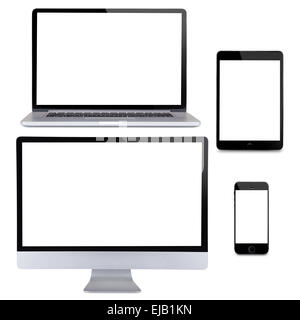 Computer display, laptop, smart phone and tablet. Front view on white background Stock Photo