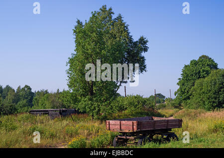 Rural landscape - abandoned timber construction for the wooden house and the trailer for a tractor. Stock Photo