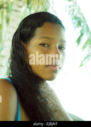 pretty Latina Creole woman thinking seriously  Big Corn Island Nicaragua Central America Stock Photo