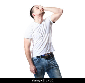 A man having a disturbing problem over white Stock Photo