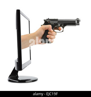 Hand with gun and tv Stock Photo