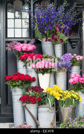 Roses, daffodils, bluebells and other spring flowers at London market Stock Photo