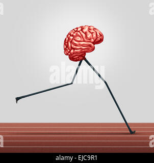 Fast brain and memory training concept as a human thinking organ with legs running on a track as a health care symbol for neurological fitness and cerebral wellbeing. Stock Photo