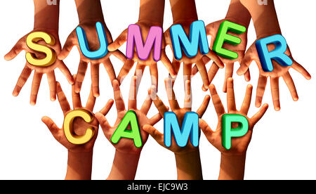 Summer camp kids as multiethnic school chldren with open hands holding letters as a symbol of recreation and fun education with Stock Photo