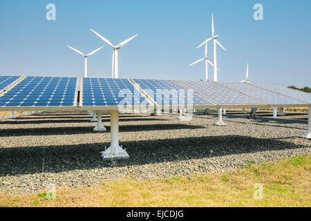 solar energy panels and wind turbine Stock Photo