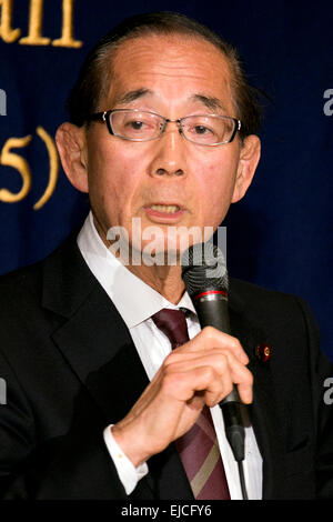 Yoshiaki Harada a member of the Liberal Democratic Party (LDP) speaks about Japan's claim to the Senkaku Islands during a press conference at the Foreign Correspondents' Club of Japan on March 24, 2015, Tokyo, Japan. The Senkaku Islands, or Diaoyu Islands as they are referred to by the Chinese, are a disputed island group situated between China, Taiwan and Japan. Harada and fellow LDP member, Satsuki Katayama, presented their conclusions to an investigation into the issue of sovereignty over the islands. According to the pair, China only recently made a claim for the islands and old Chinese ma Stock Photo