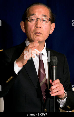 Yoshiaki Harada a member of the Liberal Democratic Party (LDP) speaks about Japan's claim to the Senkaku Islands during a press conference at the Foreign Correspondents' Club of Japan on March 24, 2015, Tokyo, Japan. The Senkaku Islands, or Diaoyu Islands as they are referred to by the Chinese, are a disputed island group situated between China, Taiwan and Japan. Harada and fellow LDP member, Satsuki Katayama, presented their conclusions to an investigation into the issue of sovereignty over the islands. According to the pair, China only recently made a claim for the islands and old Chinese ma Stock Photo