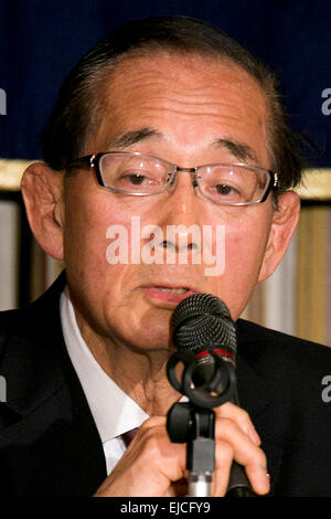 Yoshiaki Harada a member of the Liberal Democratic Party (LDP) speaks about Japan's claim to the Senkaku Islands during a press conference at the Foreign Correspondents' Club of Japan on March 24, 2015, Tokyo, Japan. The Senkaku Islands, or Diaoyu Islands as they are referred to by the Chinese, are a disputed island group situated between China, Taiwan and Japan. Harada and fellow LDP member, Satsuki Katayama, presented their conclusions to an investigation into the issue of sovereignty over the islands. According to the pair, China only recently made a claim for the islands and old Chinese ma Stock Photo