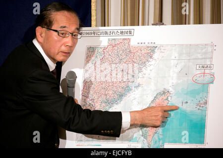 Yoshiaki Harada a member of the Liberal Democratic Party (LDP) speaks about Japan's claim to the Senkaku Islands during a press conference at the Foreign Correspondents' Club of Japan on March 24, 2015, Tokyo, Japan. The Senkaku Islands, or Diaoyu Islands as they are referred to by the Chinese, are a disputed island group situated between China, Taiwan and Japan. Harada and fellow LDP member, Satsuki Katayama, presented their conclusions to an investigation into the issue of sovereignty over the islands. According to the pair, China only recently made a claim for the islands and old Chinese ma Stock Photo