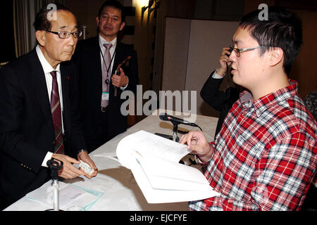 Yoshiaki Harada a member of the Liberal Democratic Party (LDP) answers journalists questions during a press conference at the Foreign Correspondents' Club of Japan on March 24, 2015, Tokyo, Japan. The Senkaku Islands, or Diaoyu Islands as they are referred to by the Chinese, are a disputed island group situated between China, Taiwan and Japan. Harada and fellow LDP member, Satsuki Katayama, presented their conclusions to an investigation into the issue of sovereignty over the islands. According to the pair, China only recently made a claim for the islands and old Chinese maps show the islands Stock Photo