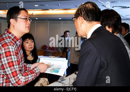 Yoshiaki Harada a member of the Liberal Democratic Party (LDP) answers journalists questions during a press conference at the Foreign Correspondents' Club of Japan on March 24, 2015, Tokyo, Japan. The Senkaku Islands, or Diaoyu Islands as they are referred to by the Chinese, are a disputed island group situated between China, Taiwan and Japan. Harada and fellow LDP member, Satsuki Katayama, presented their conclusions to an investigation into the issue of sovereignty over the islands. According to the pair, China only recently made a claim for the islands and old Chinese maps show the islands Stock Photo