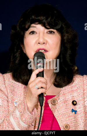 Satsuki Katayama a member of the Liberal Democratic Party (LDP) speaks about Japan's claim to the Senkaku Islands during a press conference at the Foreign Correspondents' Club of Japan on March 24, 2015, Tokyo, Japan. The Senkaku Islands, or Diaoyu Islands as they are referred to by the Chinese, are a disputed island group situated between China, Taiwan and Japan. Yoshiaki Harada and fellow LDP member, Satsuki Katayama, presented their conclusions to an investigation into the issue of sovereignty over the islands. According to the pair, China only recently made a claim for the islands and old Stock Photo