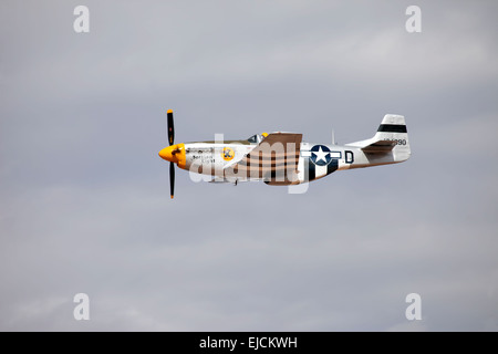 Fly by of P-51 Mustang air superiority fighter from World War II. Nose art Section Eight. Flight with storm clouds in distance. Stock Photo