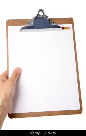 Hand holding blank clipboard with white a4 paper design mockup. Clear ...