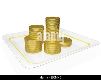 Golden Coins Stacked on a Ceramic Platter Stock Photo