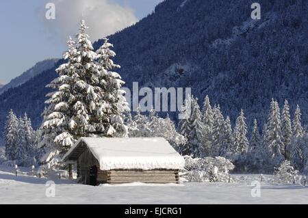 Single hut in winter with lot of snow Stock Photo