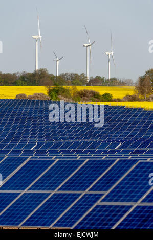 Wind turbines and solar panels Stock Photo