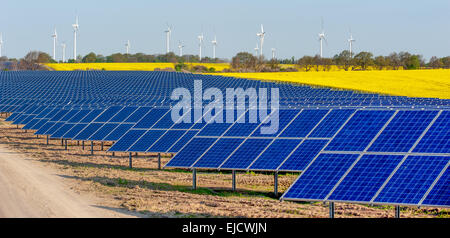 Wind turbines and solar panels Stock Photo