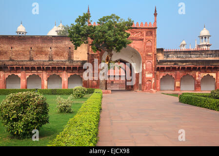 Charbagh or Agra Red Fort in morning mist Stock Photo