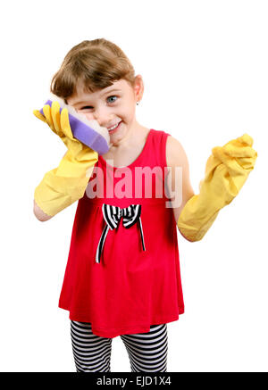 Little Girl in Rubber Gloves Stock Photo