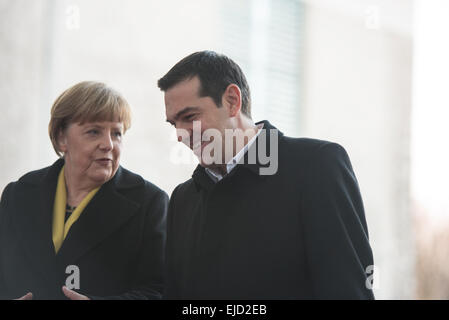 Berlin, Germany. 23rd Mar, 2015. Angela Merkel, German chancellor, welcomes the Greece Prime Minister Alexis Tsipras with Military Honours at the German chancellery. © Aristidis Vafeiadakis/ZUMA Wire/Alamy Live News Stock Photo