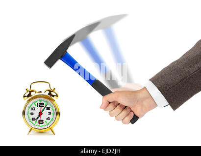 Hand with hammer and alarm clock Stock Photo