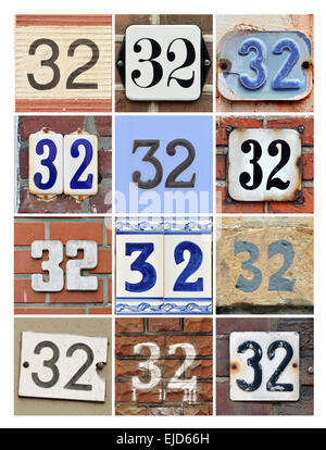 Numbers 32 - Collage of House Numbers Thirty-two Stock Photo